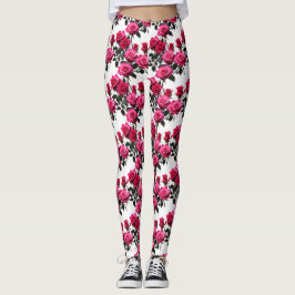 Legging Clustered Red And Pink Roses On A Stark White