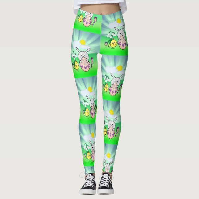 Legging Coelhinho Kawaii bonito e padrão de Felz pascoa pi (Frente)