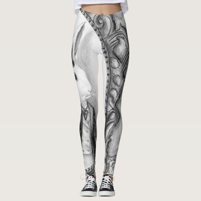 Legging Coelho branco por todo o lado em caneleiras Alice (Frente)