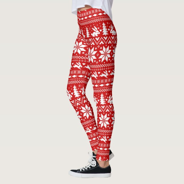 Legging Coelhos coelhinhos bonitos Padrão de Natal Vermelh (Esquerda)