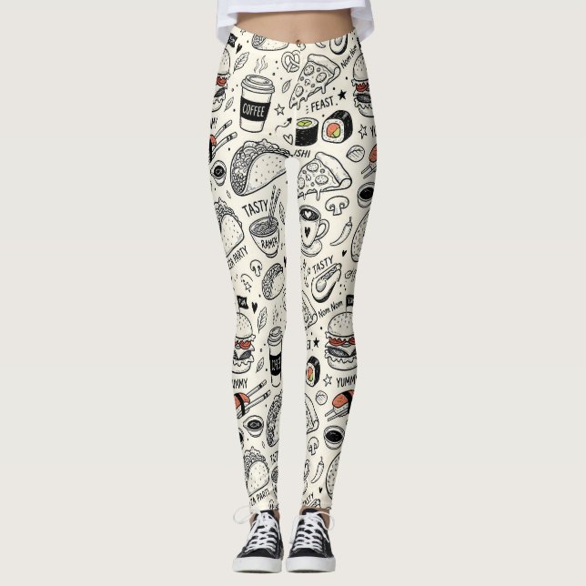 Legging Coffee & Café Doodle Pattern –Cute Hand Drawn Food (Frente)