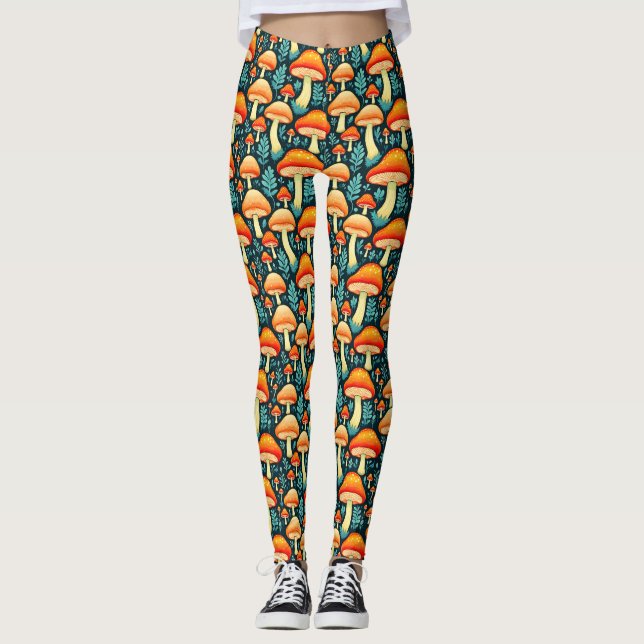 Legging Cogumelos Retro em Laranja e Azul (Frente)