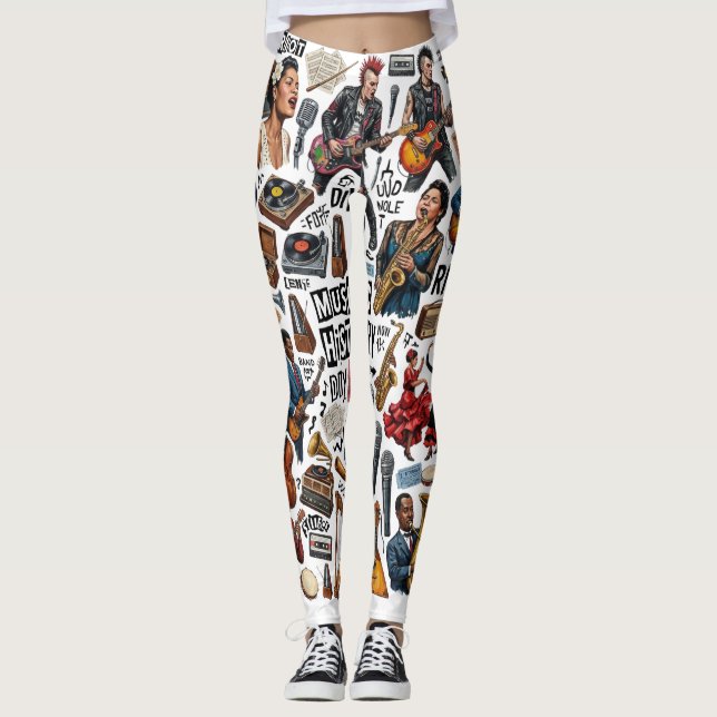 Legging Colagem de História e Gêneros Musicais - Retro, Pu (Frente)