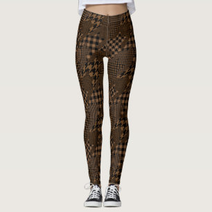 Legging Colagem de Padrão de Xadrez Brown Houndstooth