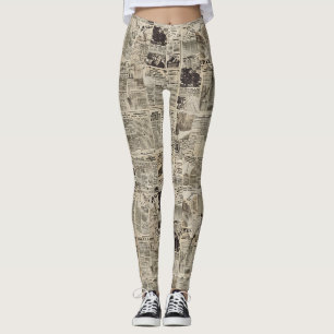 Legging Colagem de Patchwork de Jornal Vintage Rústico