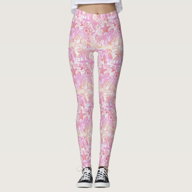Legging Colagem de praia náutica, rosa-quente, ID840 (Frente)