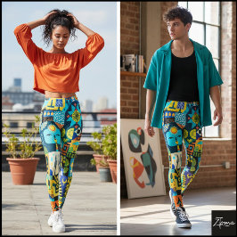 Legging Colcha de Arte Popular Azul Elétrico Amarelo