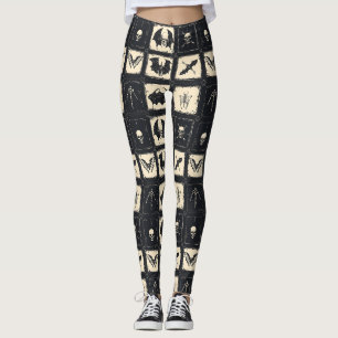 Legging Colcha de Denim com Morcegos e Esqueletos