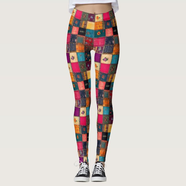 Legging Colcha Vibrante de Retalhos com Florais Clássicos (Frente)