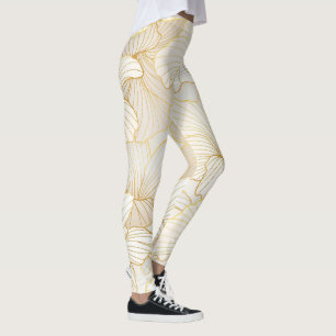 Legging Coleção Dourada de Linha Floral Branca Elegante