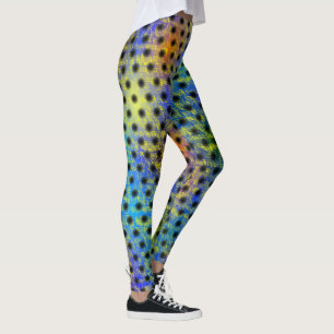 Legging colorido, bolinhas pretas, riscos amarelos
