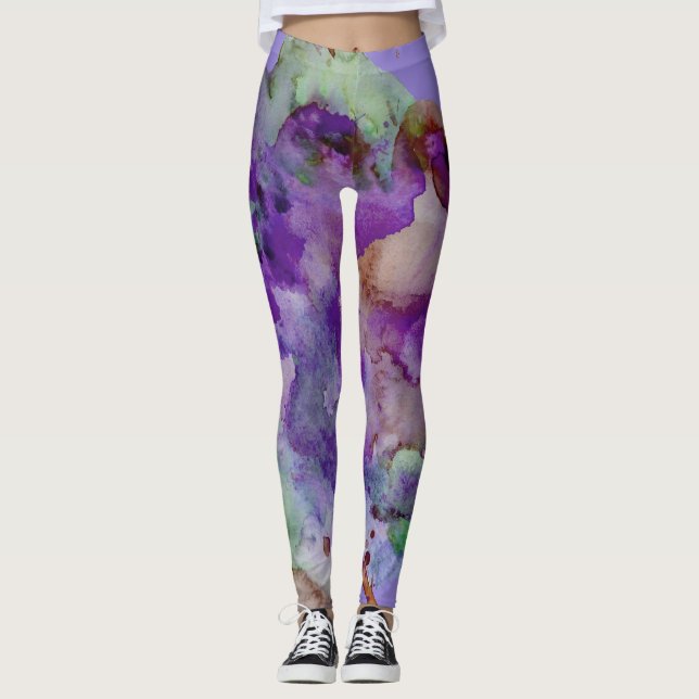 Legging Colorido, original, pinte o Splatter roxo & verde (Frente)