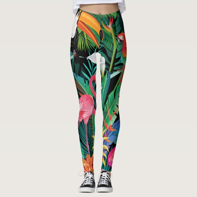 Legging Composição de flores tropicais e aves. (Frente)