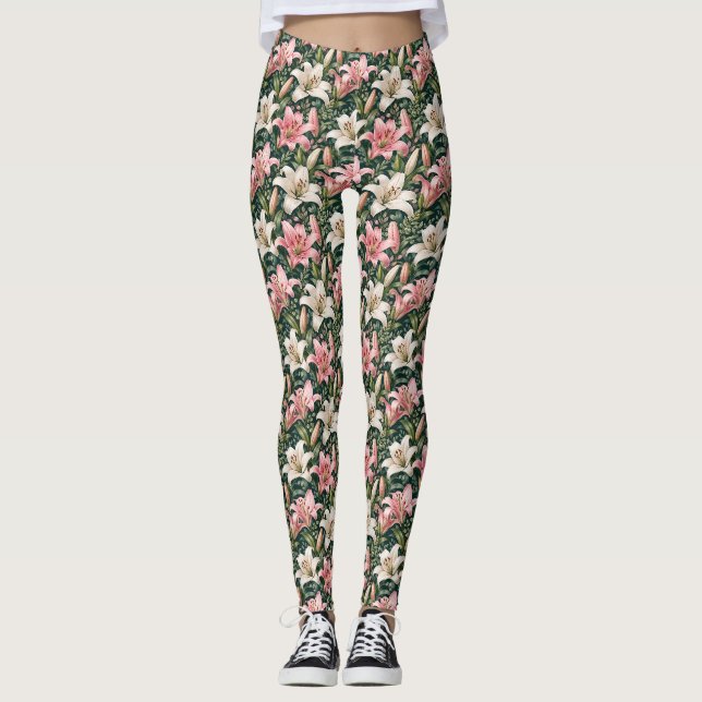 Legging Composição Elegante de Lírio e Folhagem (Frente)