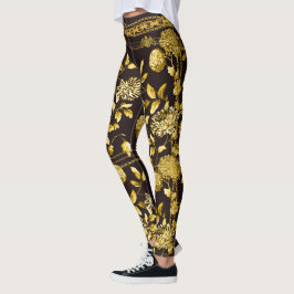 Legging Condessa Dourada Chain Lion Emblem Floral Espresso