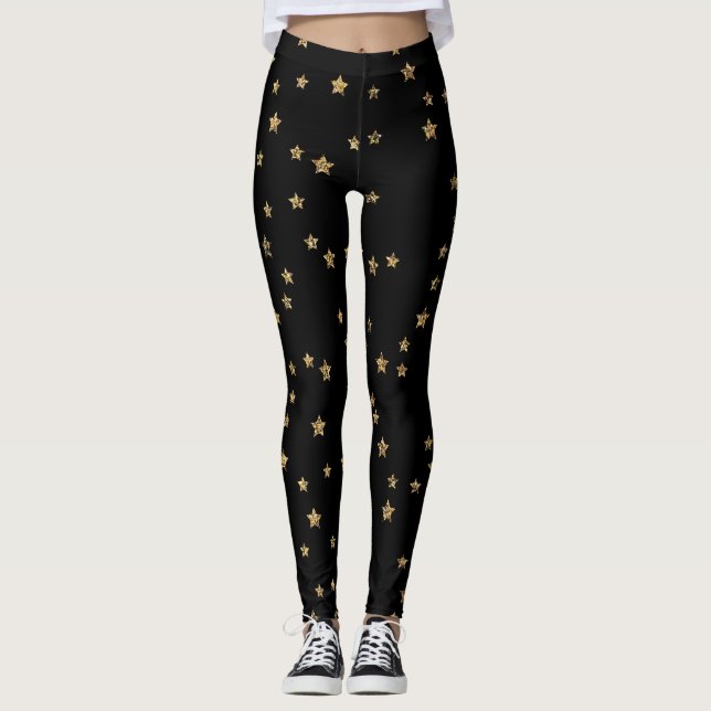 Legging Confetti ouro astros brilham brilhando preto elega (Frente)