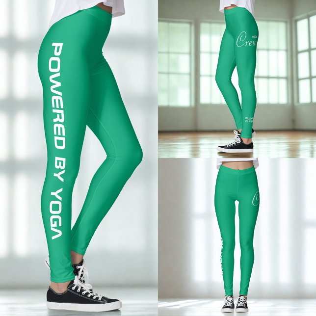 Legging Conjunto de ioga de impressão personalizada verde  (Crew green yoga leggings. Three views.)