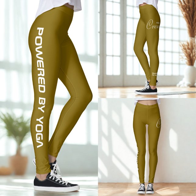 Legging Conjunto de ioga estampado amarelo marrom (Yellow brown yoga leggings shown in 3 different views.)