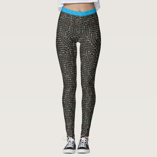 Legging Conselho de circuito impresso  azul Dourado brilha (Frente)