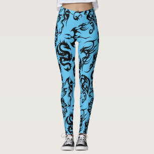 Legging Contorno do padrão dos dragões pretos.b L Azul BG