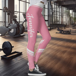 Legging Cor-de-rosa-cinza moderna listrado floral com nome