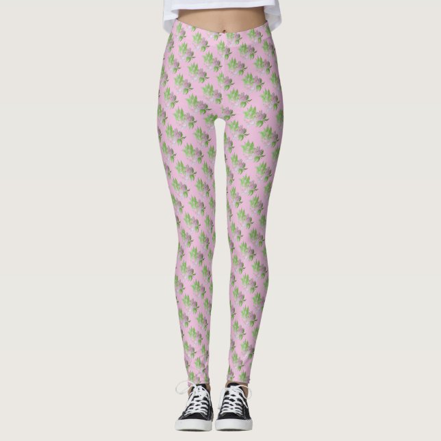 Legging cor-de-rosa com linhas diagonal flores pequenas co (Frente)