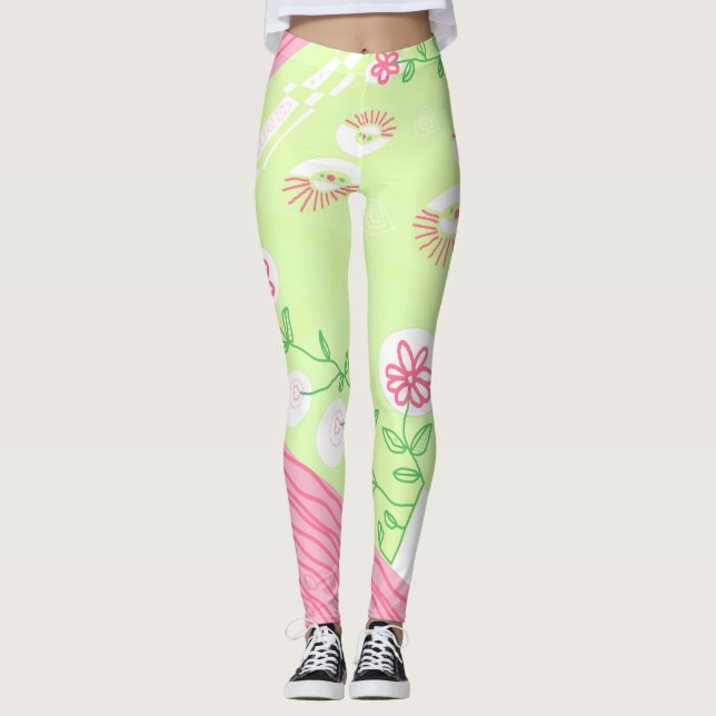 Legging Cor-de-rosa-verde Ilustração Chintz Bohemiana (Frente)