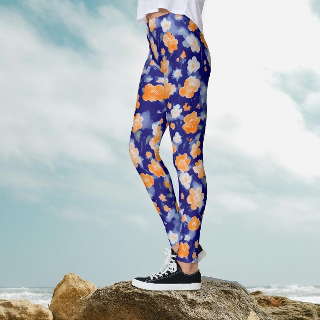 Legging Cor Floral Azul E Laranja Moderna Feminina (Criador carregado)