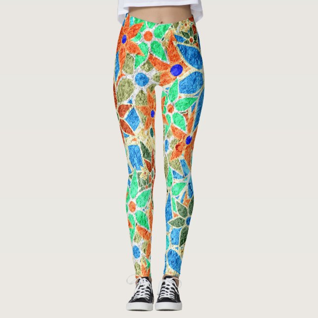 Legging Cor Laranja Azul Floral nº 3 (Frente)