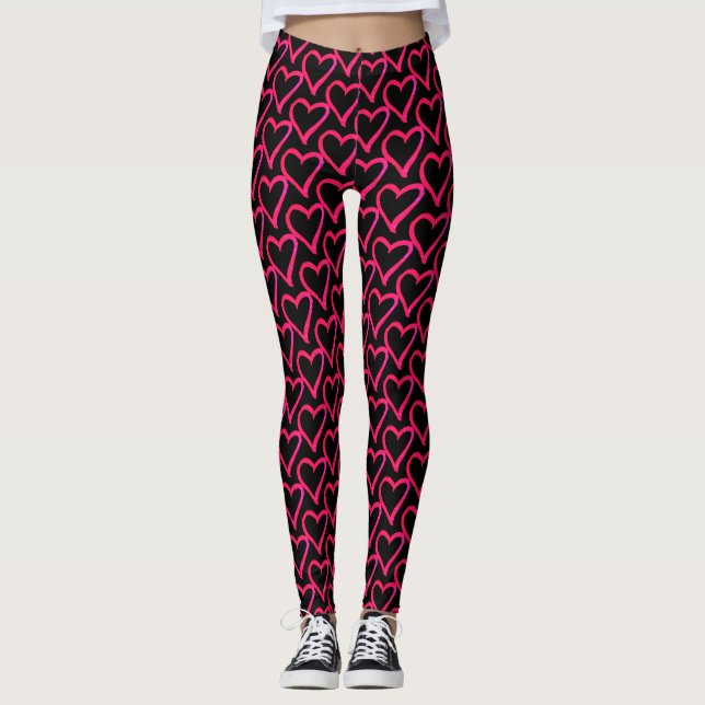 Legging Corações Bonitos Padrão Preto Rosa Quente (Frente)