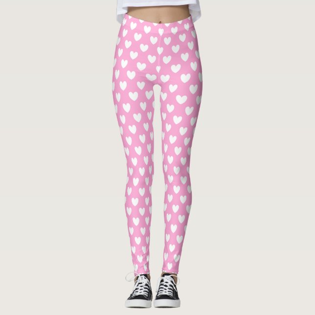 Legging Corações brancos de polca no algodão doce rosa (Frente)
