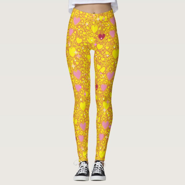 Legging Corações Brilhantes Padrão 01 BYellow BG (Frente)