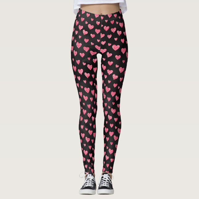 Legging Corações Brilhantes Românticos Rosa em Yoga Negro (Frente)