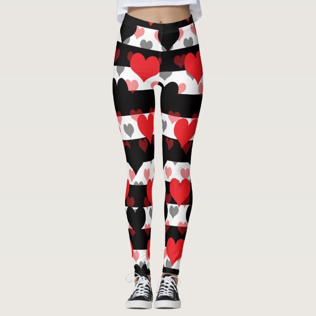 Legging Corações de Amor Preto Vermelho com Stripes Branca (Frente)