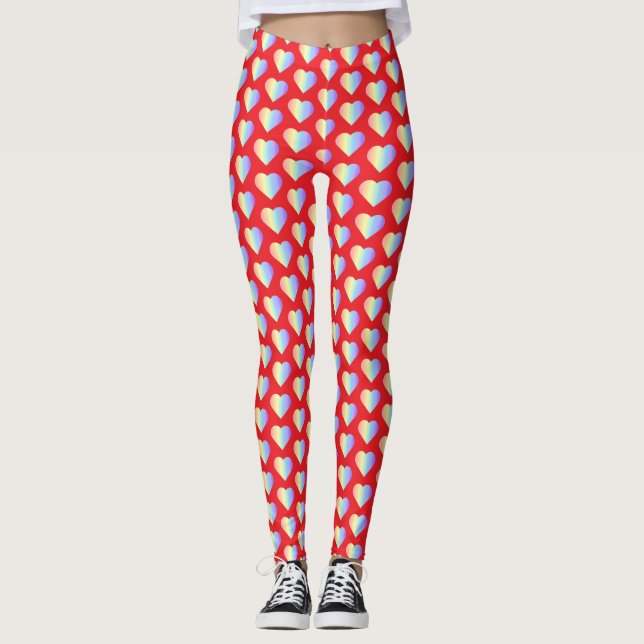 Legging Corações de Arco-Íris em Pastel Suave em Vermelho  (Frente)