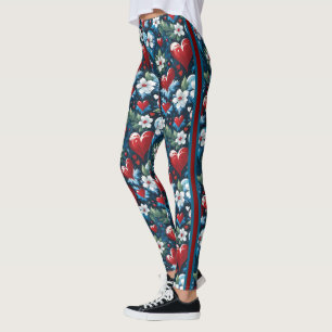 Legging Corações de Natal Florais em Azul Vermelho e Verde
