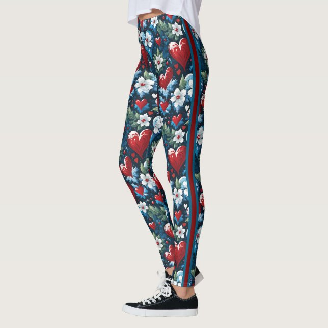 Legging Corações de Natal Florais em Azul Vermelho e Verde (Esquerda)