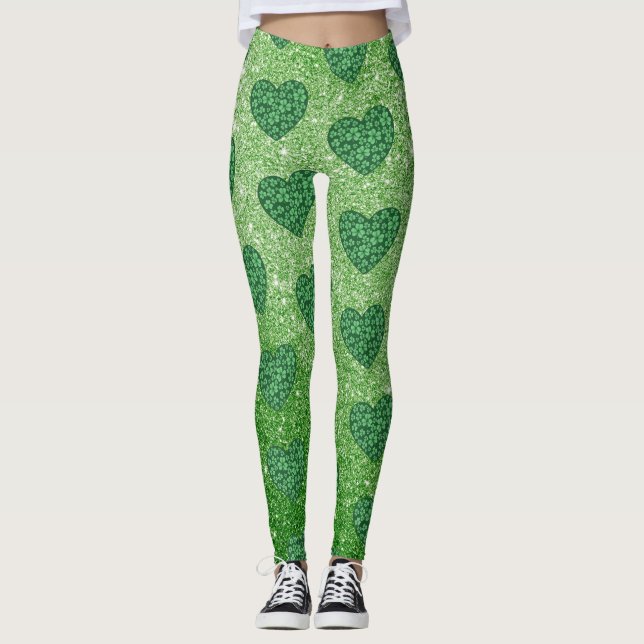 Legging Corações de Shamrock de Dia de São Patrício brilha (Frente)