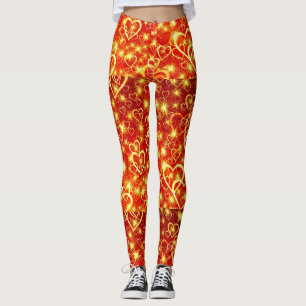 Legging Corações Espumantes de Ouro Amarelo em Fundo Verme