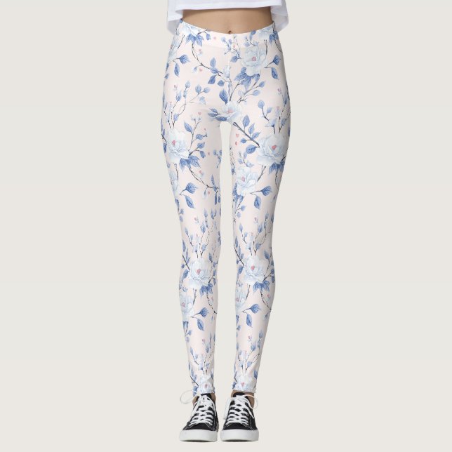 Legging Corações Florais Azuis Cor-de-Rosa Esbranquiçada (Frente)