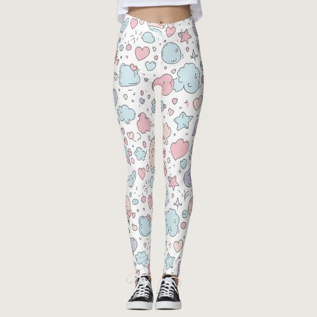 Legging Corações Pastéis e Nuvens Sonho em Aquarela (5) (Frente)