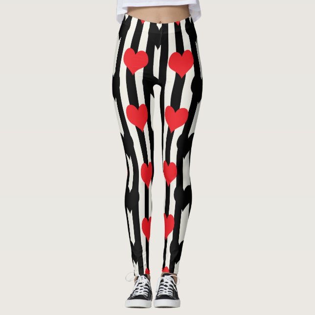 Legging Corações Pretos Vermelhos Em Stripes Brancas Preta (Frente)