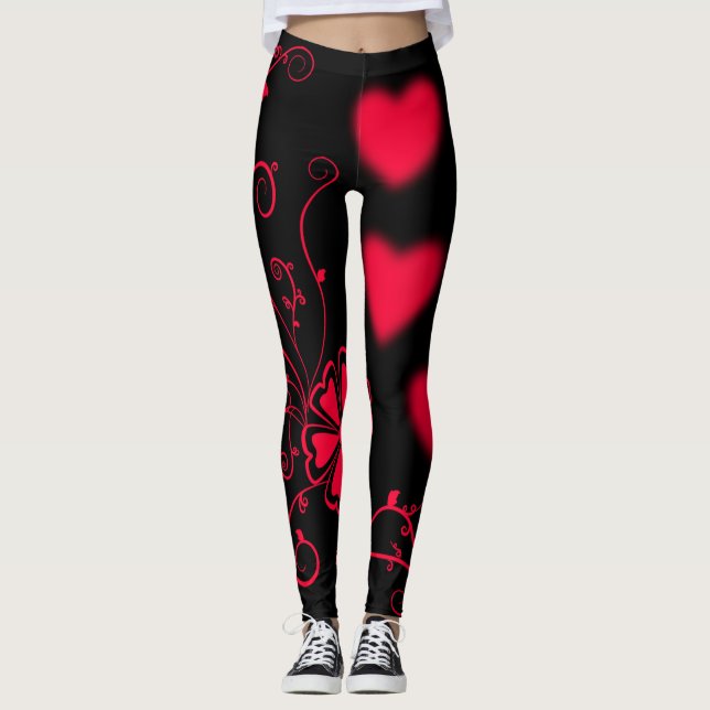 Legging Corações Vermelhos, Vinhas e Flores em Preto (Frente)