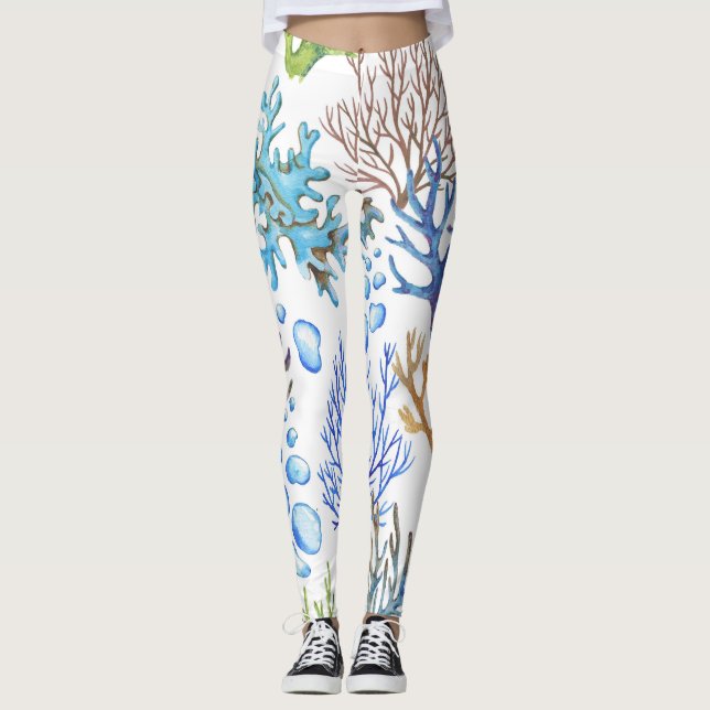Legging Corais desenhados à mão: padrão submarino. (Frente)