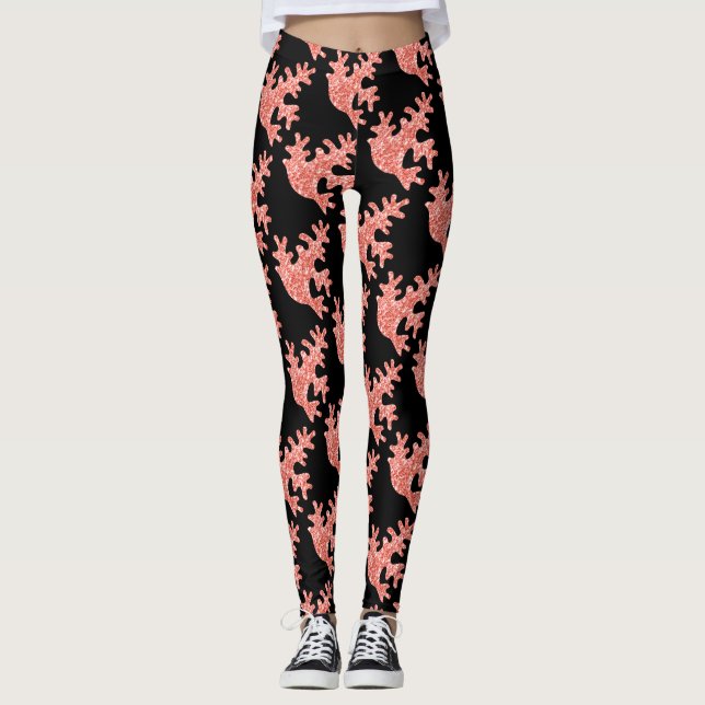 Legging Coral cor-de-rosa brilha no padrão preto (Frente)