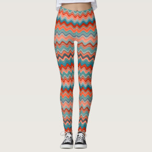 Legging Coral Salmon Laranja Teal Wavy Zigzag Padrão