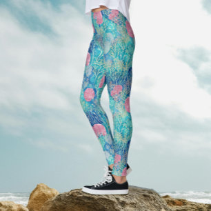 Legging Coral Tropical Cor de Coral Rosa Azul do Oceano Mo