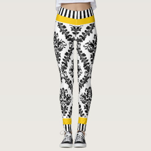 Legging Cores damasco e listras brancas amarelas e pretas