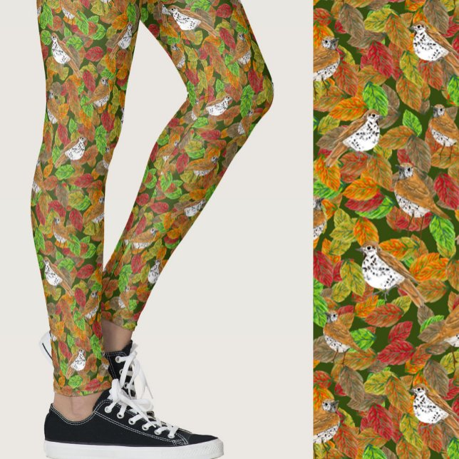Legging Cores de outono folhas passarinhos padrão sazonal  (Criador carregado)
