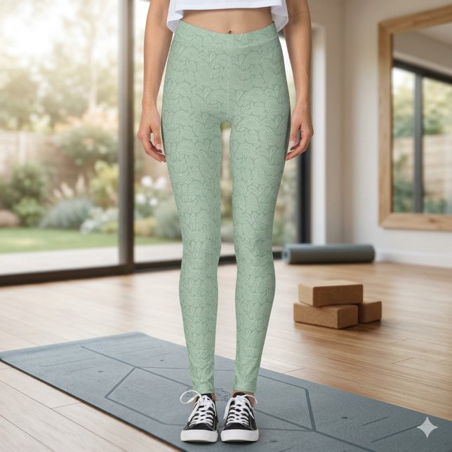 Legging Cores sutis de primavera em verde sage e branco co (Criador carregado)